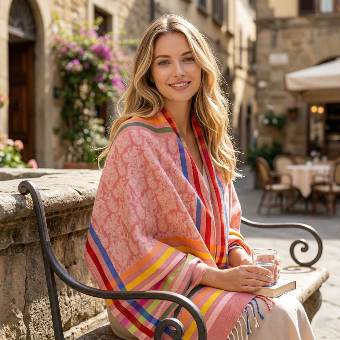 Red Scarf With Paisley Pattern And Silk Stripes